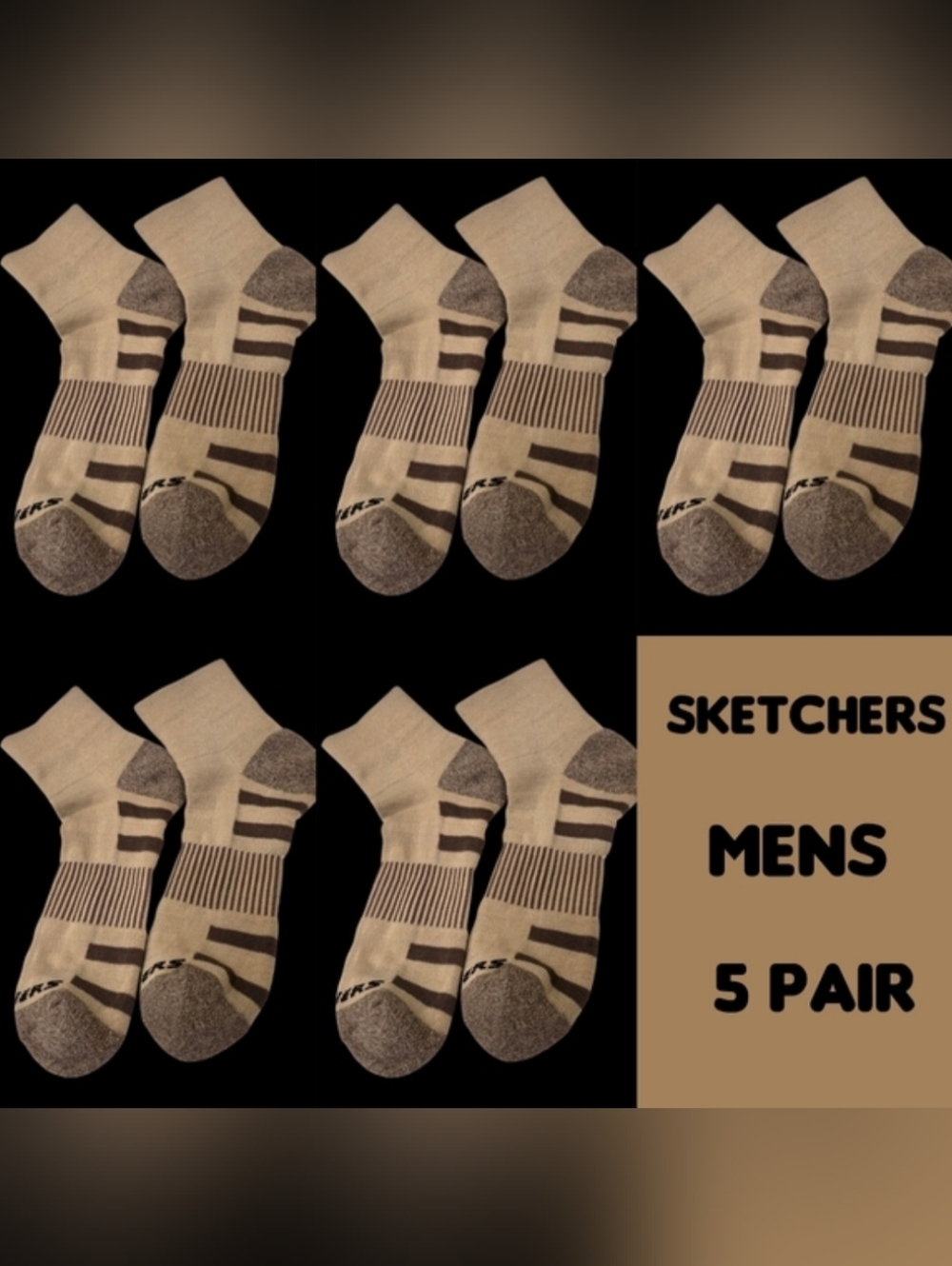 Skechers Men's Beige & Brown Athletic Socks Arch Support 5 Pair BNWOT